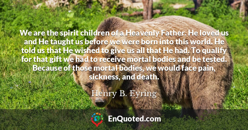 We are the spirit children of a Heavenly Father. He loved us and He taught us before we were born into this world. He told us that He wished to give us all that He had. To qualify for that gift we had to receive mortal bodies and be tested. Because of those mortal bodies, we would face pain, sickness, and death.