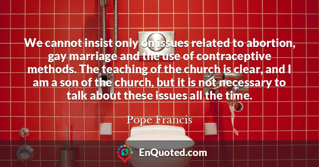 We cannot insist only on issues related to abortion, gay marriage and the use of contraceptive methods. The teaching of the church is clear, and I am a son of the church, but it is not necessary to talk about these issues all the time.