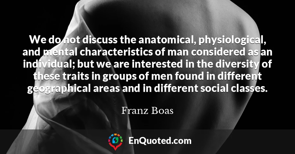 We do not discuss the anatomical, physiological, and mental characteristics of man considered as an individual; but we are interested in the diversity of these traits in groups of men found in different geographical areas and in different social classes.