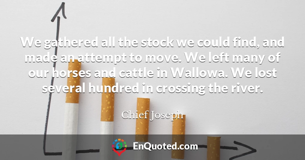 We gathered all the stock we could find, and made an attempt to move. We left many of our horses and cattle in Wallowa. We lost several hundred in crossing the river.