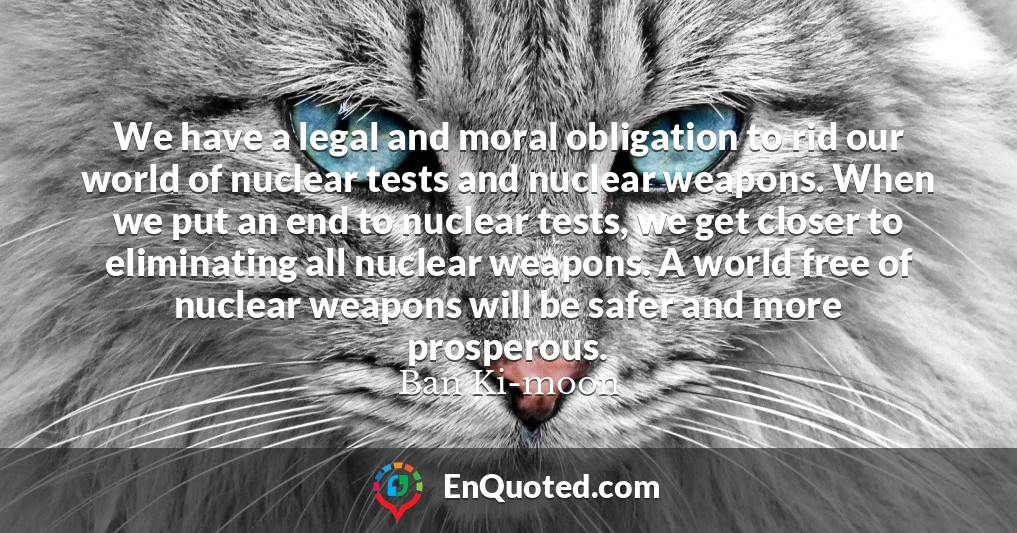 We have a legal and moral obligation to rid our world of nuclear tests and nuclear weapons. When we put an end to nuclear tests, we get closer to eliminating all nuclear weapons. A world free of nuclear weapons will be safer and more prosperous.
