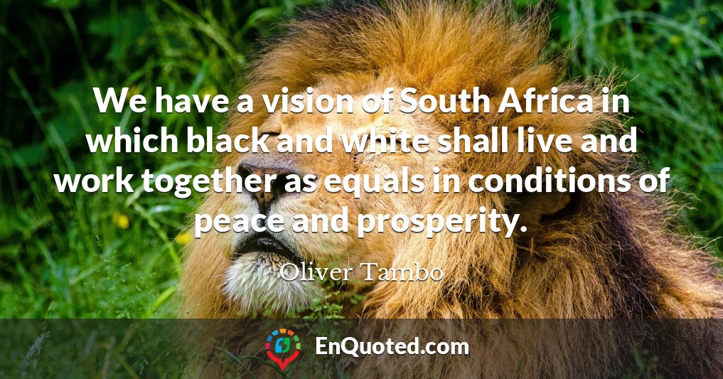 We have a vision of South Africa in which black and white shall live and work together as equals in conditions of peace and prosperity.