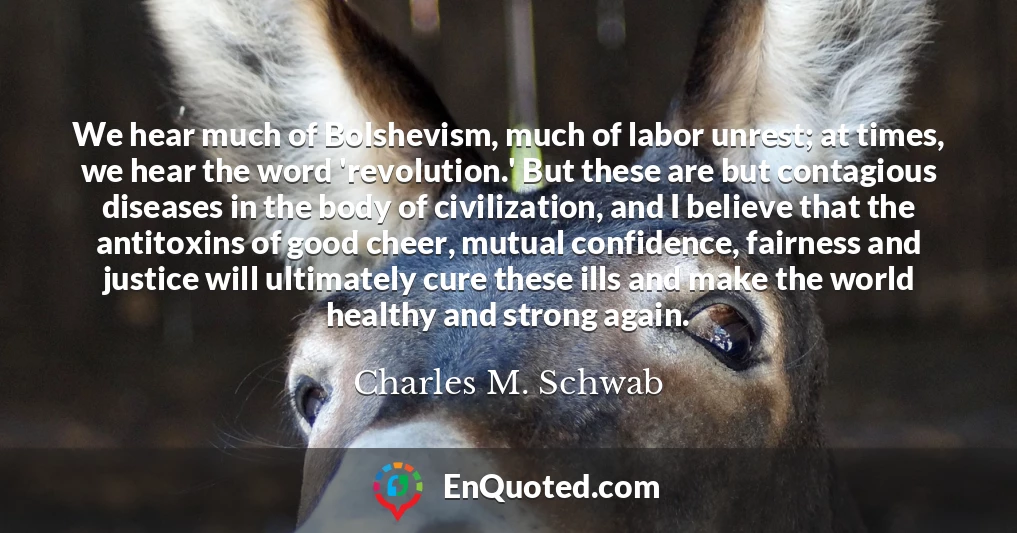 We hear much of Bolshevism, much of labor unrest; at times, we hear the word 'revolution.' But these are but contagious diseases in the body of civilization, and I believe that the antitoxins of good cheer, mutual confidence, fairness and justice will ultimately cure these ills and make the world healthy and strong again.