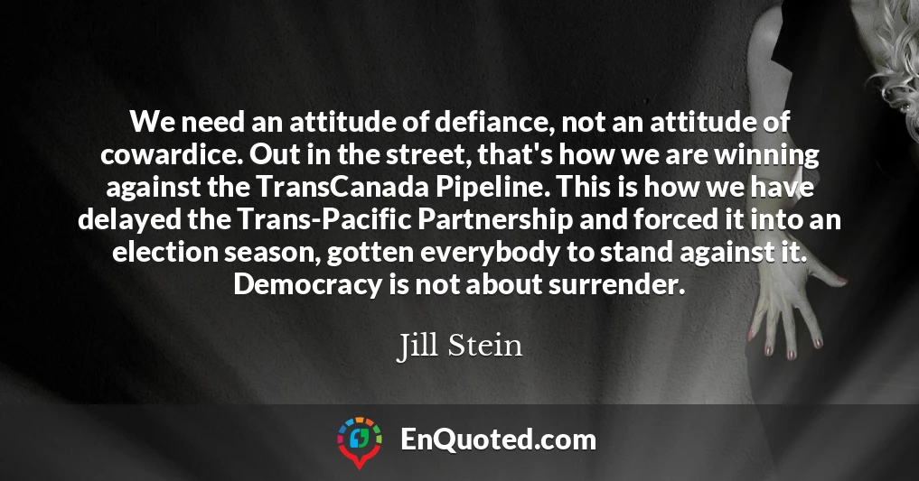 We need an attitude of defiance, not an attitude of cowardice. Out in the street, that's how we are winning against the TransCanada Pipeline. This is how we have delayed the Trans-Pacific Partnership and forced it into an election season, gotten everybody to stand against it. Democracy is not about surrender.