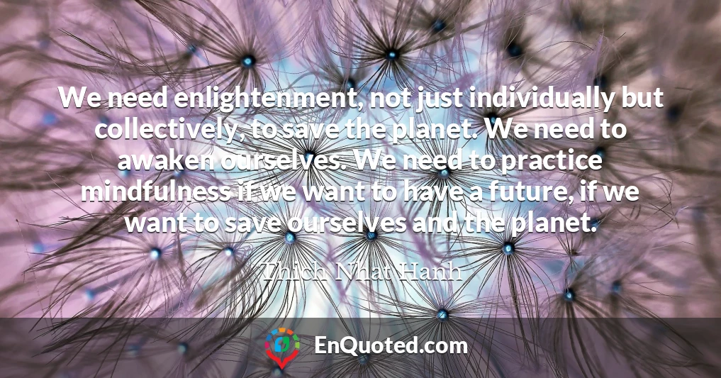 We need enlightenment, not just individually but collectively, to save the planet. We need to awaken ourselves. We need to practice mindfulness if we want to have a future, if we want to save ourselves and the planet.