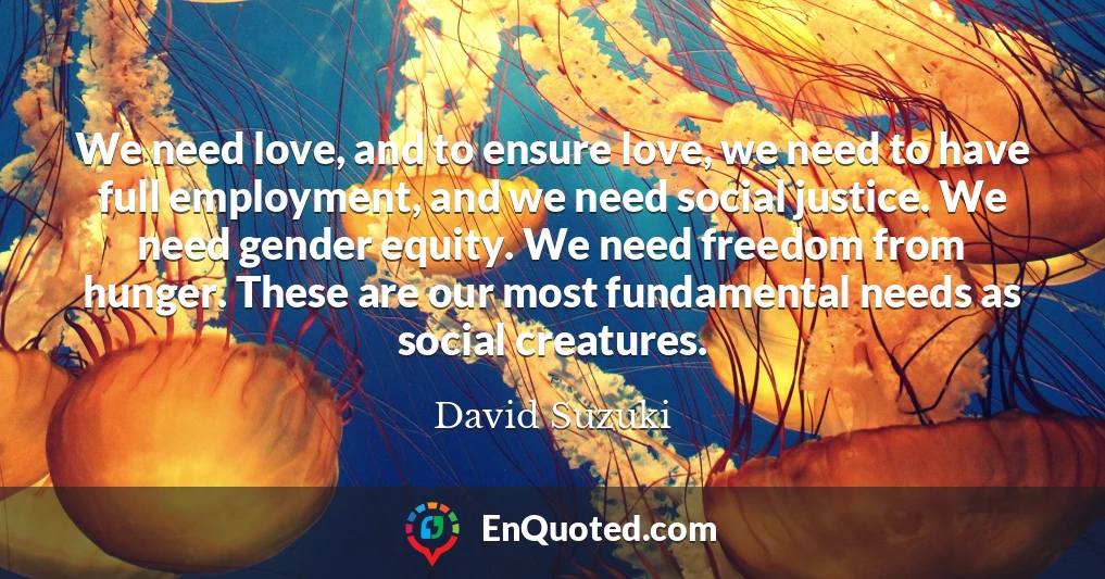 We need love, and to ensure love, we need to have full employment, and we need social justice. We need gender equity. We need freedom from hunger. These are our most fundamental needs as social creatures.