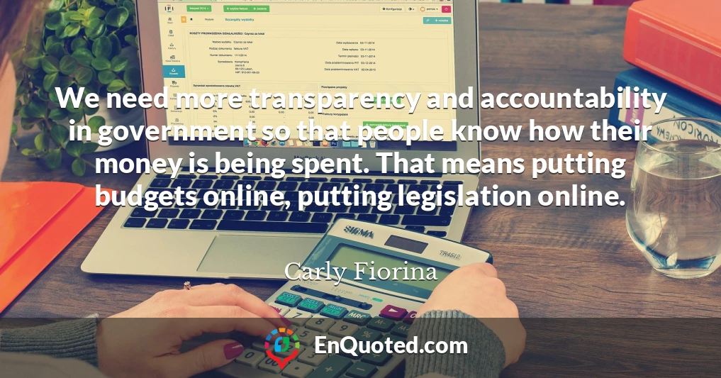 We need more transparency and accountability in government so that people know how their money is being spent. That means putting budgets online, putting legislation online.