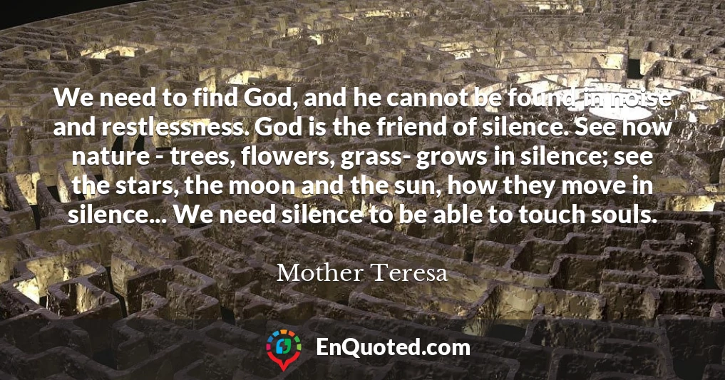 We need to find God, and he cannot be found in noise and restlessness. God is the friend of silence. See how nature - trees, flowers, grass- grows in silence; see the stars, the moon and the sun, how they move in silence... We need silence to be able to touch souls.