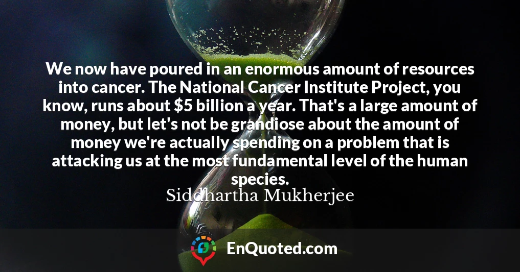 We now have poured in an enormous amount of resources into cancer. The National Cancer Institute Project, you know, runs about $5 billion a year. That's a large amount of money, but let's not be grandiose about the amount of money we're actually spending on a problem that is attacking us at the most fundamental level of the human species.