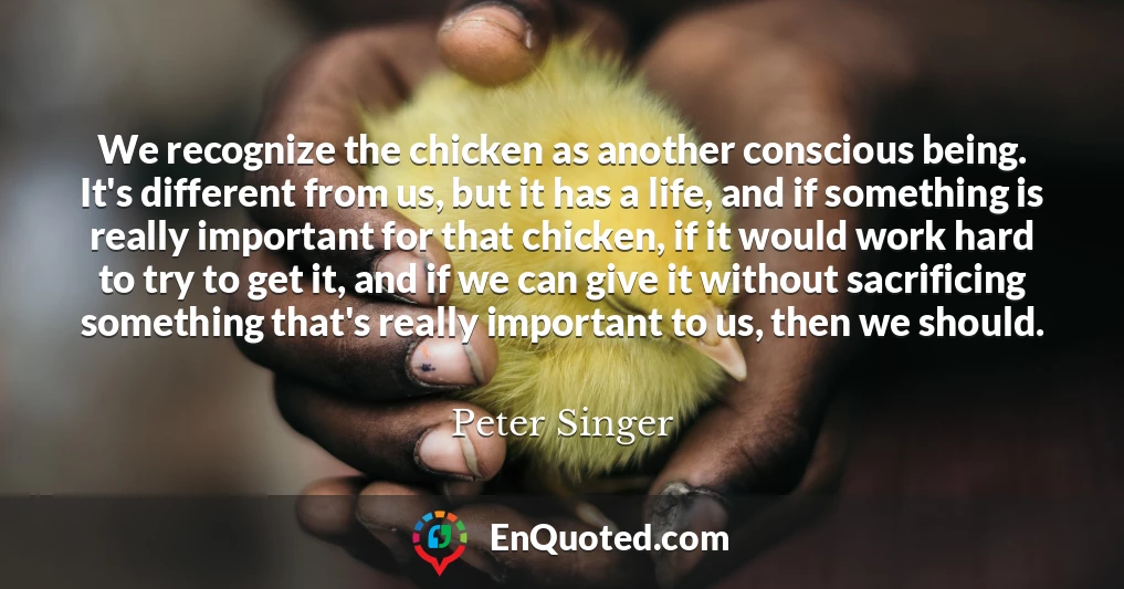 We recognize the chicken as another conscious being. It's different from us, but it has a life, and if something is really important for that chicken, if it would work hard to try to get it, and if we can give it without sacrificing something that's really important to us, then we should.