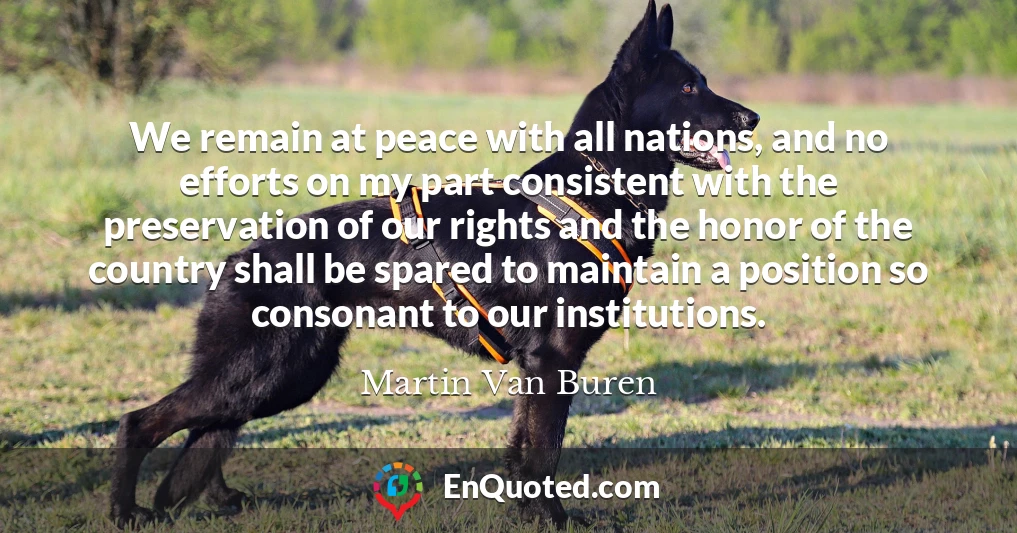 We remain at peace with all nations, and no efforts on my part consistent with the preservation of our rights and the honor of the country shall be spared to maintain a position so consonant to our institutions.
