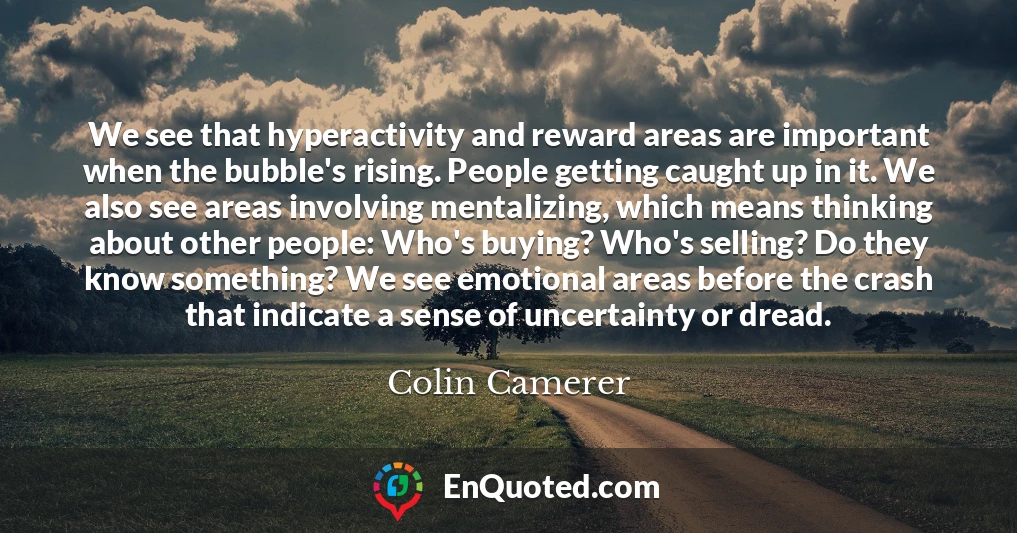 We see that hyperactivity and reward areas are important when the bubble's rising. People getting caught up in it. We also see areas involving mentalizing, which means thinking about other people: Who's buying? Who's selling? Do they know something? We see emotional areas before the crash that indicate a sense of uncertainty or dread.