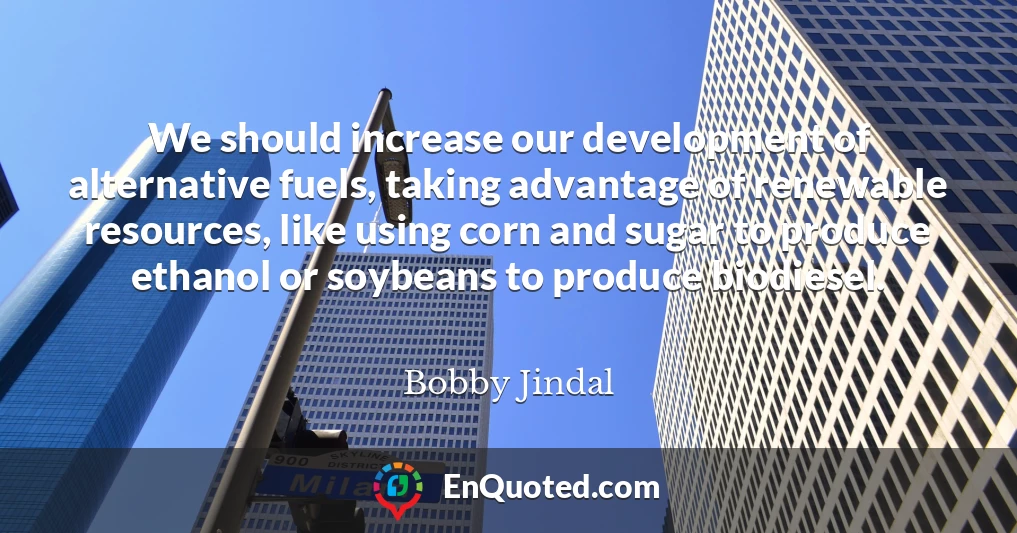 We should increase our development of alternative fuels, taking advantage of renewable resources, like using corn and sugar to produce ethanol or soybeans to produce biodiesel.