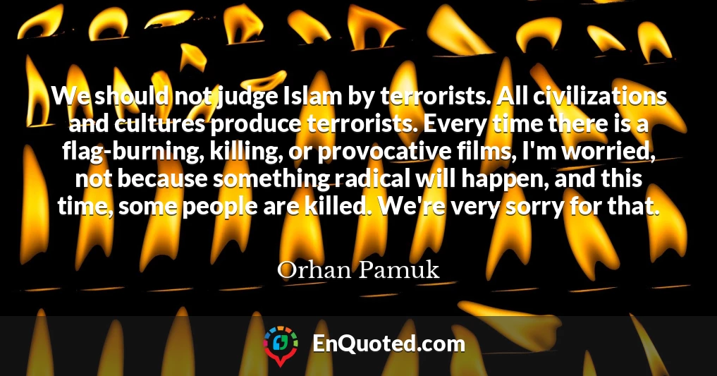 We should not judge Islam by terrorists. All civilizations and cultures produce terrorists. Every time there is a flag-burning, killing, or provocative films, I'm worried, not because something radical will happen, and this time, some people are killed. We're very sorry for that.