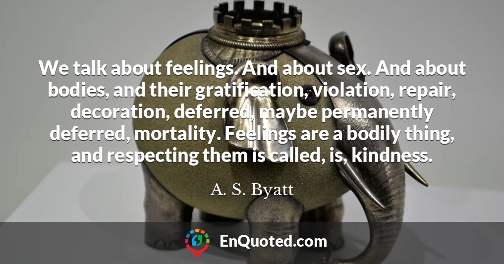We talk about feelings. And about sex. And about bodies, and their gratification, violation, repair, decoration, deferred, maybe permanently deferred, mortality. Feelings are a bodily thing, and respecting them is called, is, kindness.