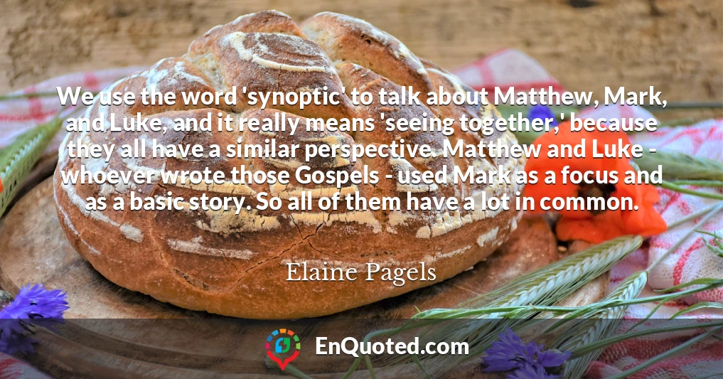 We use the word 'synoptic' to talk about Matthew, Mark, and Luke, and it really means 'seeing together,' because they all have a similar perspective. Matthew and Luke - whoever wrote those Gospels - used Mark as a focus and as a basic story. So all of them have a lot in common.