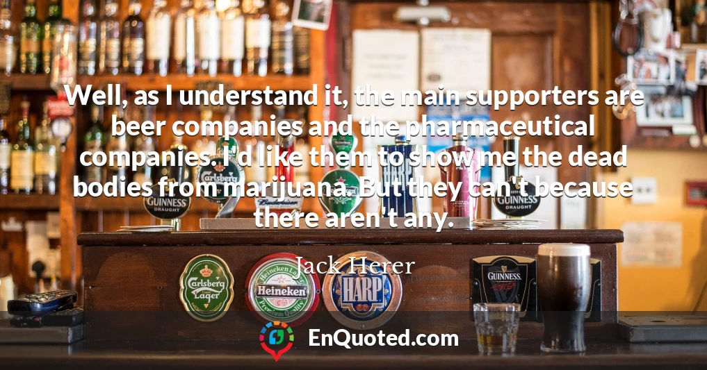 Well, as I understand it, the main supporters are beer companies and the pharmaceutical companies. I'd like them to show me the dead bodies from marijuana. But they can't because there aren't any.