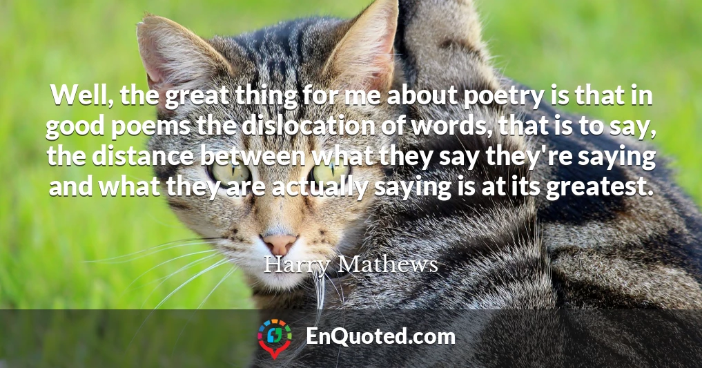Well, the great thing for me about poetry is that in good poems the dislocation of words, that is to say, the distance between what they say they're saying and what they are actually saying is at its greatest.
