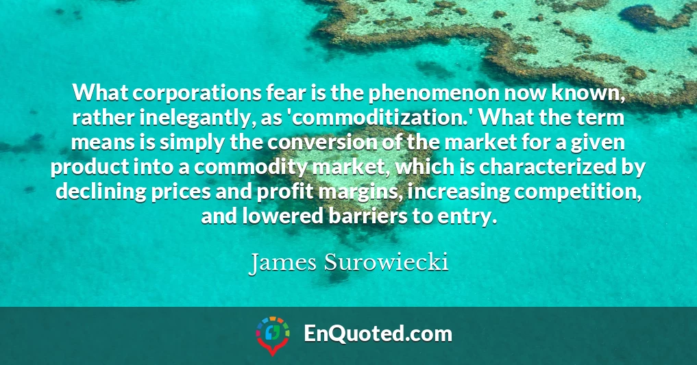 What corporations fear is the phenomenon now known, rather inelegantly, as 'commoditization.' What the term means is simply the conversion of the market for a given product into a commodity market, which is characterized by declining prices and profit margins, increasing competition, and lowered barriers to entry.