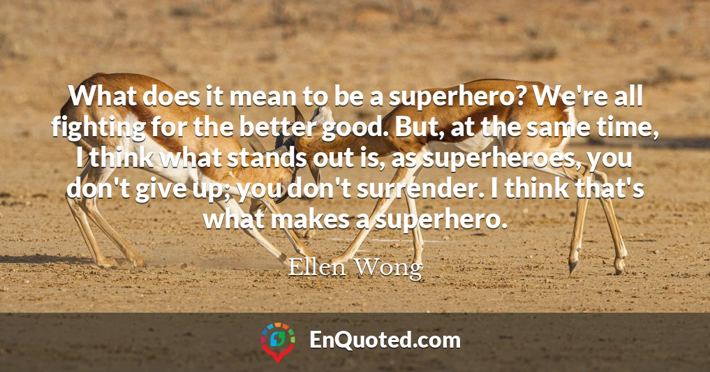 What does it mean to be a superhero? We're all fighting for the better good. But, at the same time, I think what stands out is, as superheroes, you don't give up; you don't surrender. I think that's what makes a superhero.