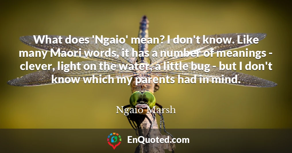 What does 'Ngaio' mean? I don't know. Like many Maori words, it has a number of meanings - clever, light on the water, a little bug - but I don't know which my parents had in mind.