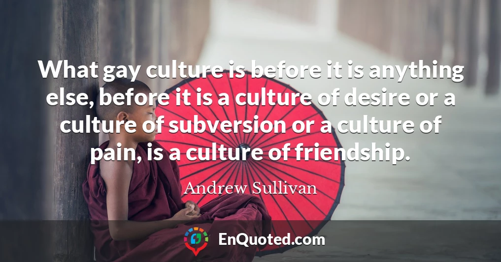 What gay culture is before it is anything else, before it is a culture of desire or a culture of subversion or a culture of pain, is a culture of friendship.