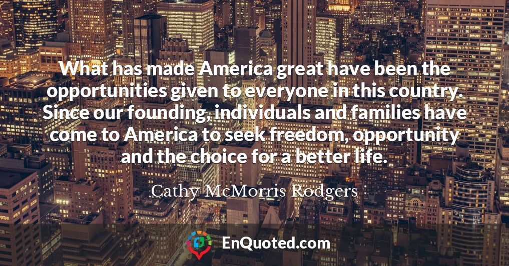 What has made America great have been the opportunities given to everyone in this country. Since our founding, individuals and families have come to America to seek freedom, opportunity and the choice for a better life.