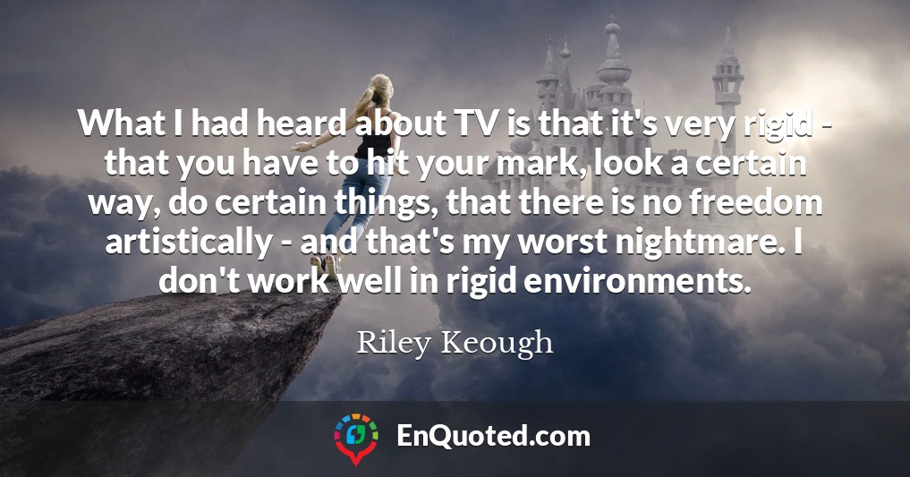 What I had heard about TV is that it's very rigid - that you have to hit your mark, look a certain way, do certain things, that there is no freedom artistically - and that's my worst nightmare. I don't work well in rigid environments.