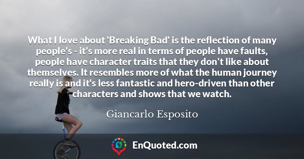 What I love about 'Breaking Bad' is the reflection of many people's - it's more real in terms of people have faults, people have character traits that they don't like about themselves. It resembles more of what the human journey really is and it's less fantastic and hero-driven than other characters and shows that we watch.