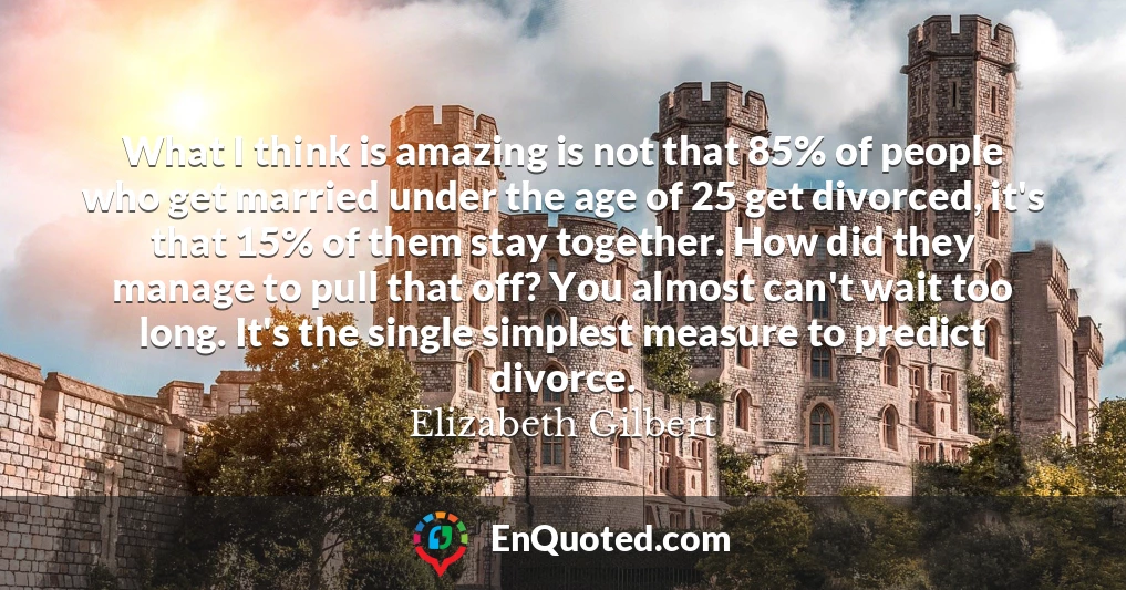 What I think is amazing is not that 85% of people who get married under the age of 25 get divorced, it's that 15% of them stay together. How did they manage to pull that off? You almost can't wait too long. It's the single simplest measure to predict divorce.