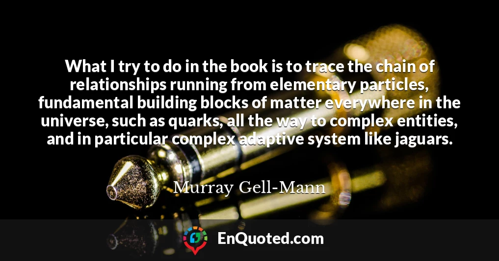 What I try to do in the book is to trace the chain of relationships running from elementary particles, fundamental building blocks of matter everywhere in the universe, such as quarks, all the way to complex entities, and in particular complex adaptive system like jaguars.