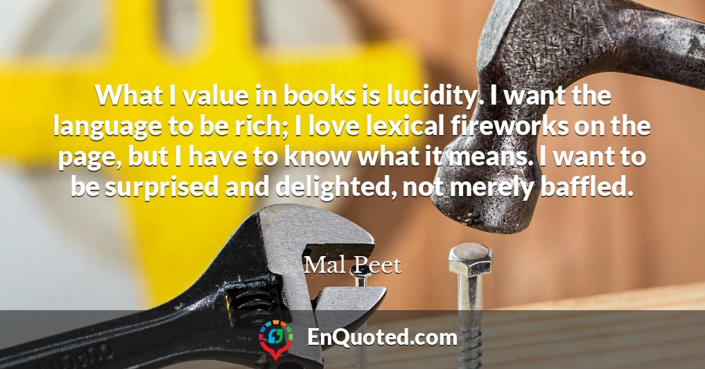 What I value in books is lucidity. I want the language to be rich; I love lexical fireworks on the page, but I have to know what it means. I want to be surprised and delighted, not merely baffled.