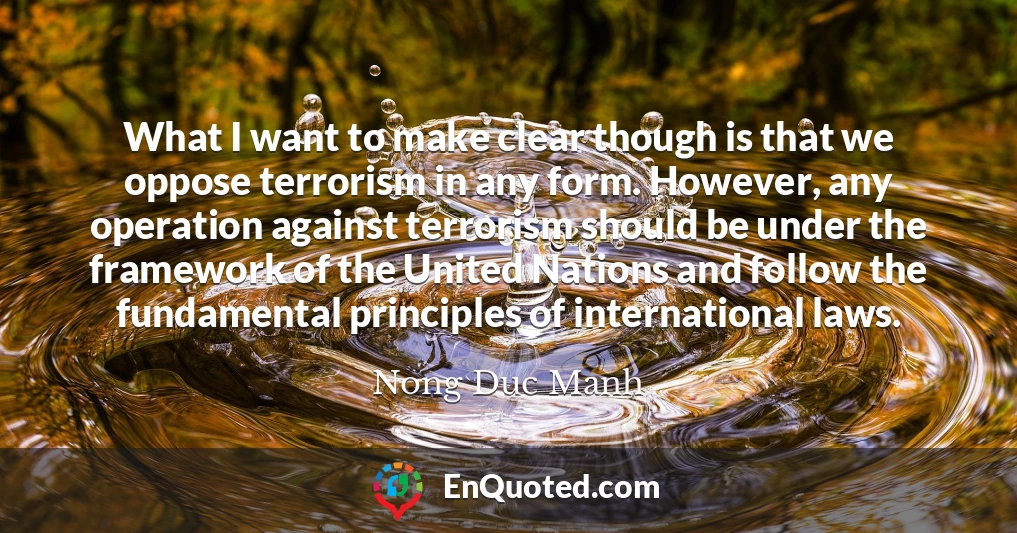 What I want to make clear though is that we oppose terrorism in any form. However, any operation against terrorism should be under the framework of the United Nations and follow the fundamental principles of international laws.