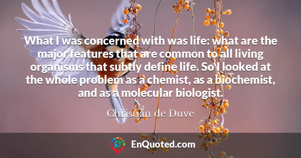 What I was concerned with was life: what are the major features that are common to all living organisms that subtly define life. So I looked at the whole problem as a chemist, as a biochemist, and as a molecular biologist.
