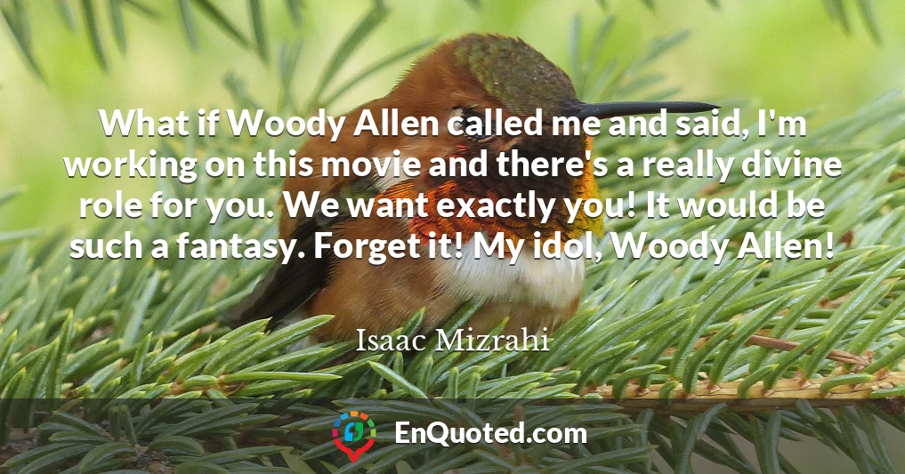 What if Woody Allen called me and said, I'm working on this movie and there's a really divine role for you. We want exactly you! It would be such a fantasy. Forget it! My idol, Woody Allen!