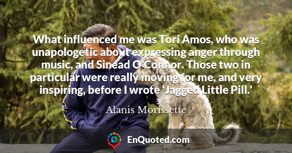 What influenced me was Tori Amos, who was unapologetic about expressing anger through music, and Sinead O'Connor. Those two in particular were really moving for me, and very inspiring, before I wrote 'Jagged Little Pill.'