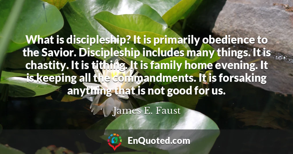 What is discipleship? It is primarily obedience to the Savior. Discipleship includes many things. It is chastity. It is tithing. It is family home evening. It is keeping all the commandments. It is forsaking anything that is not good for us.