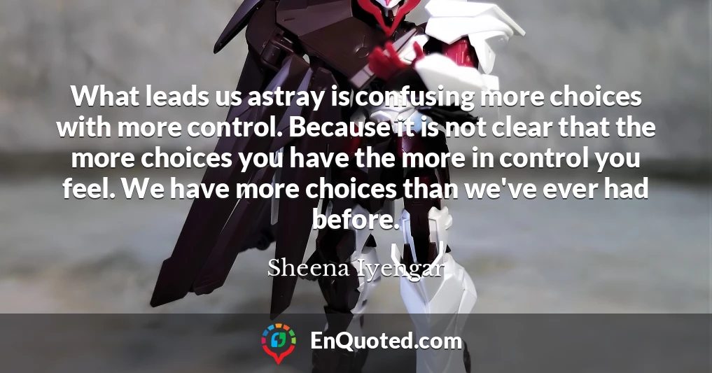 What leads us astray is confusing more choices with more control. Because it is not clear that the more choices you have the more in control you feel. We have more choices than we've ever had before.