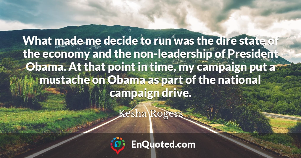 What made me decide to run was the dire state of the economy and the non-leadership of President Obama. At that point in time, my campaign put a mustache on Obama as part of the national campaign drive.