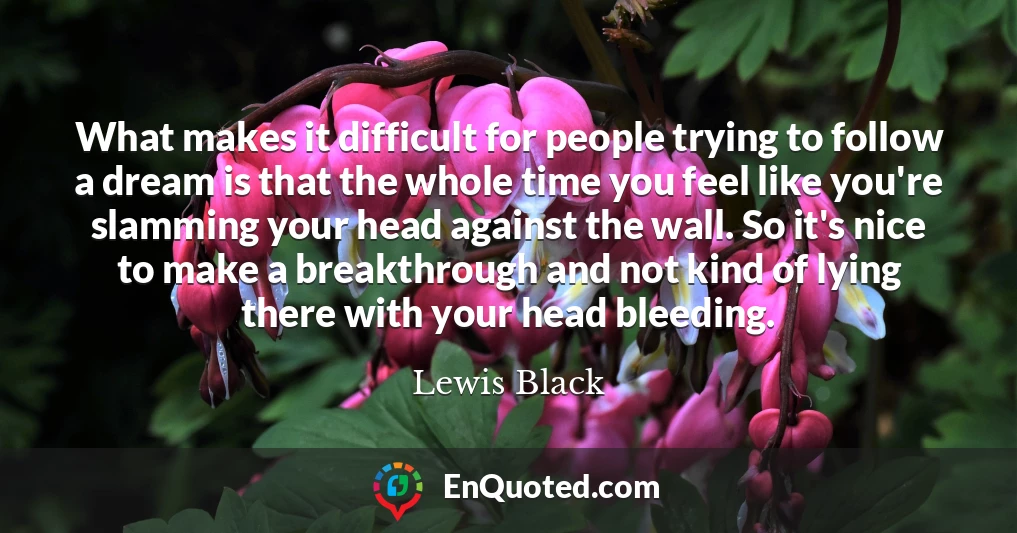 What makes it difficult for people trying to follow a dream is that the whole time you feel like you're slamming your head against the wall. So it's nice to make a breakthrough and not kind of lying there with your head bleeding.