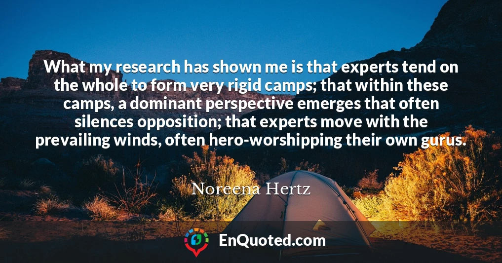 What my research has shown me is that experts tend on the whole to form very rigid camps; that within these camps, a dominant perspective emerges that often silences opposition; that experts move with the prevailing winds, often hero-worshipping their own gurus.