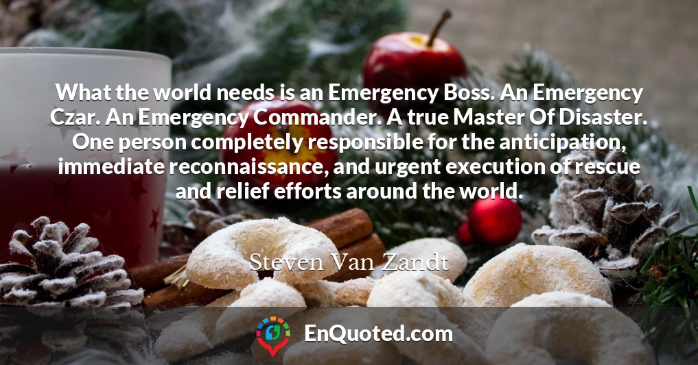 What the world needs is an Emergency Boss. An Emergency Czar. An Emergency Commander. A true Master Of Disaster. One person completely responsible for the anticipation, immediate reconnaissance, and urgent execution of rescue and relief efforts around the world.