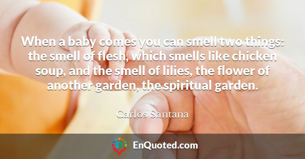 When a baby comes you can smell two things: the smell of flesh, which smells like chicken soup, and the smell of lilies, the flower of another garden, the spiritual garden.