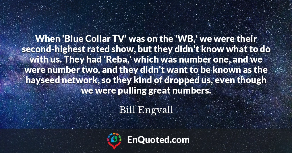 When 'Blue Collar TV' was on the 'WB,' we were their second-highest rated show, but they didn't know what to do with us. They had 'Reba,' which was number one, and we were number two, and they didn't want to be known as the hayseed network, so they kind of dropped us, even though we were pulling great numbers.