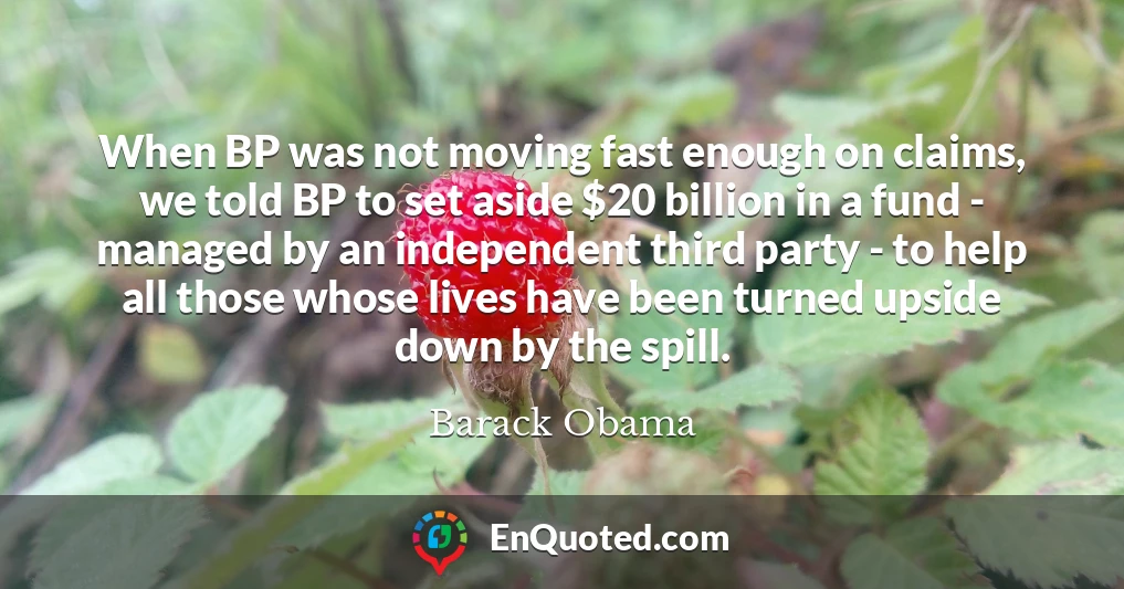 When BP was not moving fast enough on claims, we told BP to set aside $20 billion in a fund - managed by an independent third party - to help all those whose lives have been turned upside down by the spill.