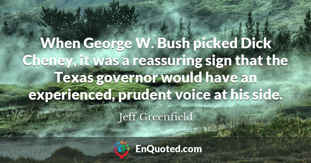 When George W. Bush picked Dick Cheney, it was a reassuring sign that the Texas governor would have an experienced, prudent voice at his side.