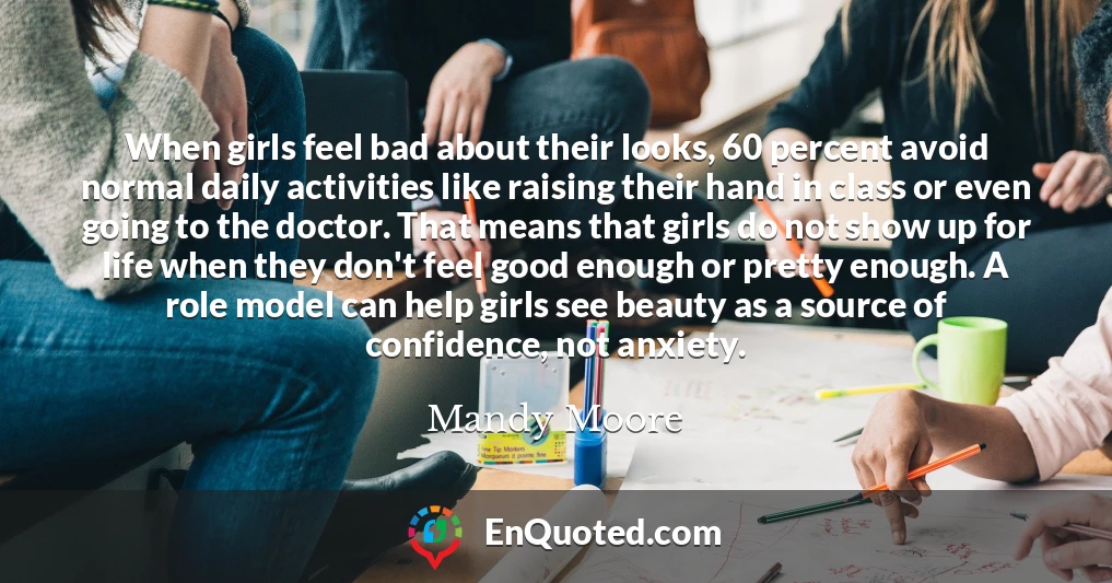 When girls feel bad about their looks, 60 percent avoid normal daily activities like raising their hand in class or even going to the doctor. That means that girls do not show up for life when they don't feel good enough or pretty enough. A role model can help girls see beauty as a source of confidence, not anxiety.