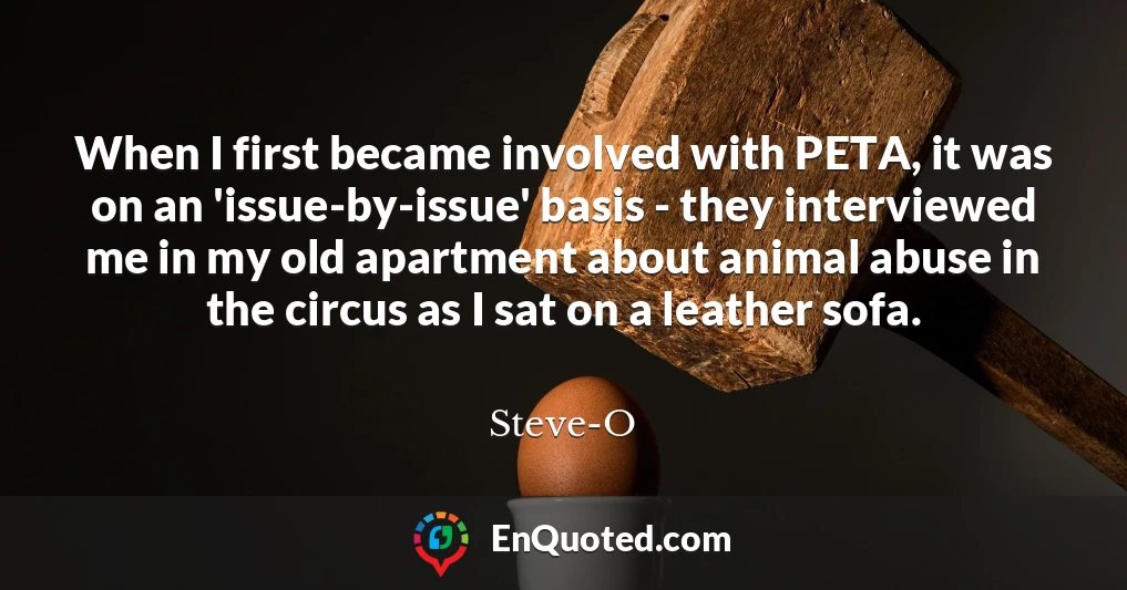 When I first became involved with PETA, it was on an 'issue-by-issue' basis - they interviewed me in my old apartment about animal abuse in the circus as I sat on a leather sofa.