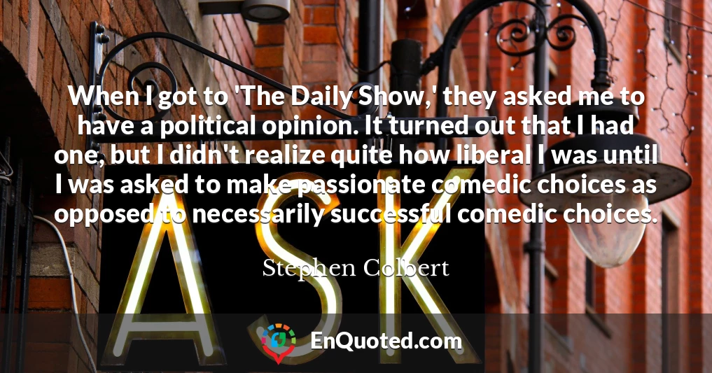 When I got to 'The Daily Show,' they asked me to have a political opinion. It turned out that I had one, but I didn't realize quite how liberal I was until I was asked to make passionate comedic choices as opposed to necessarily successful comedic choices.
