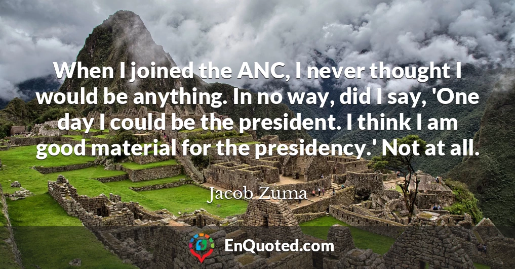 When I joined the ANC, I never thought I would be anything. In no way, did I say, 'One day I could be the president. I think I am good material for the presidency.' Not at all.
